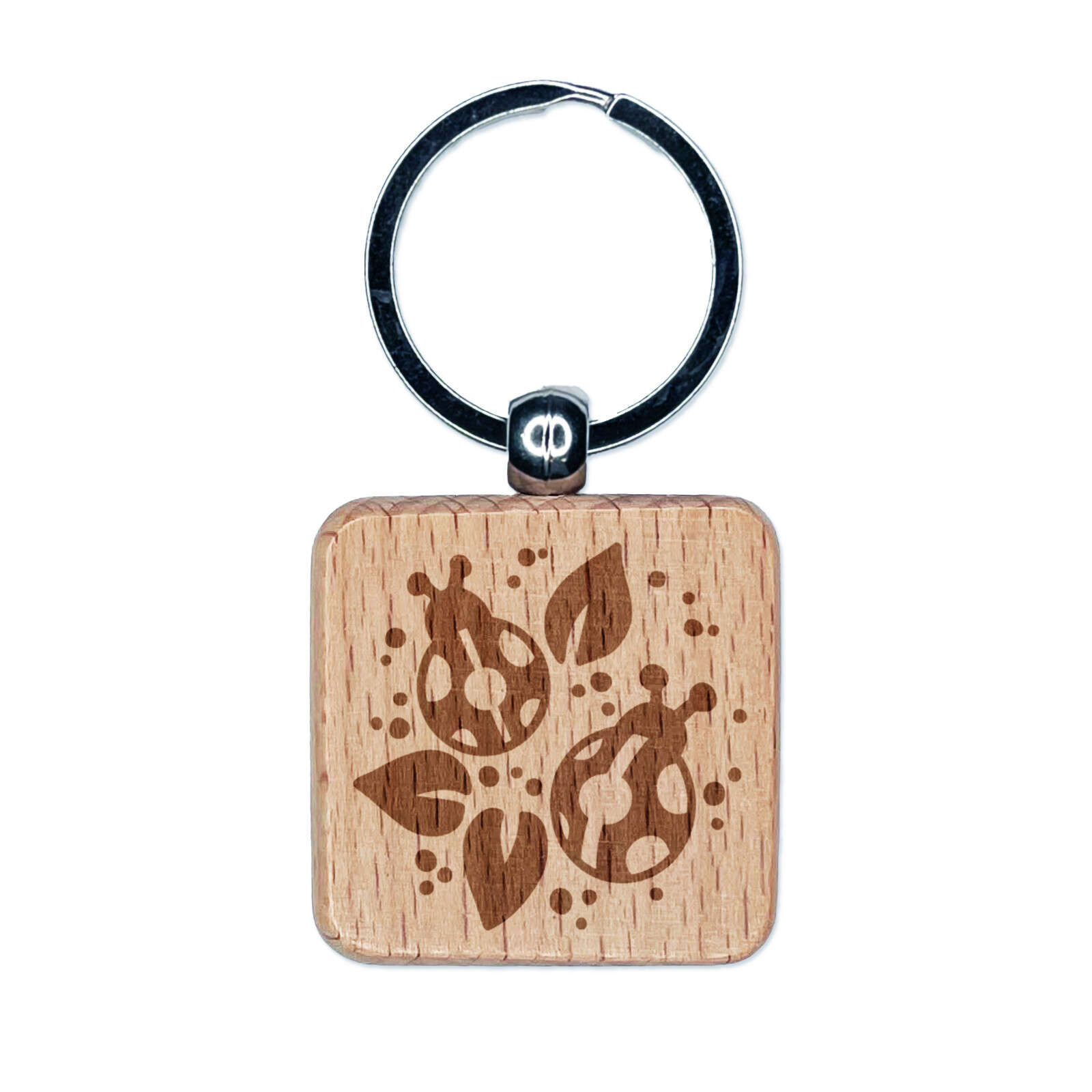 Ladybugs and Leaves Engraved Wood Square Keychain Tag Charm