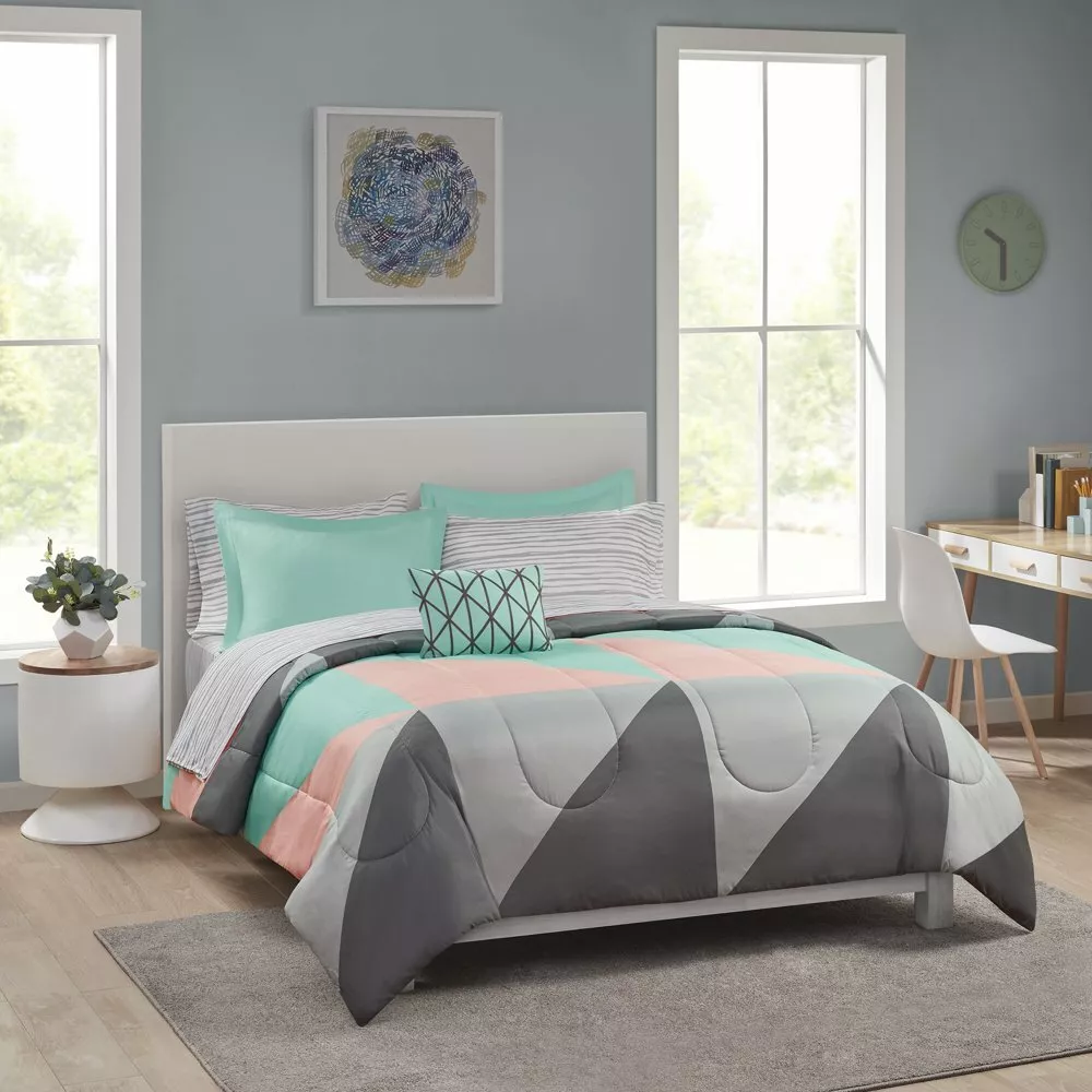 Mainstays Grey Teal 8 pc Bed in a Bag Bedding Set with Sheet Set Full TWIN Qu