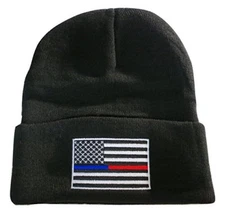 8" Red Blue Line USA American Flag Embroidered Black Beanie Skullie Skull Cap