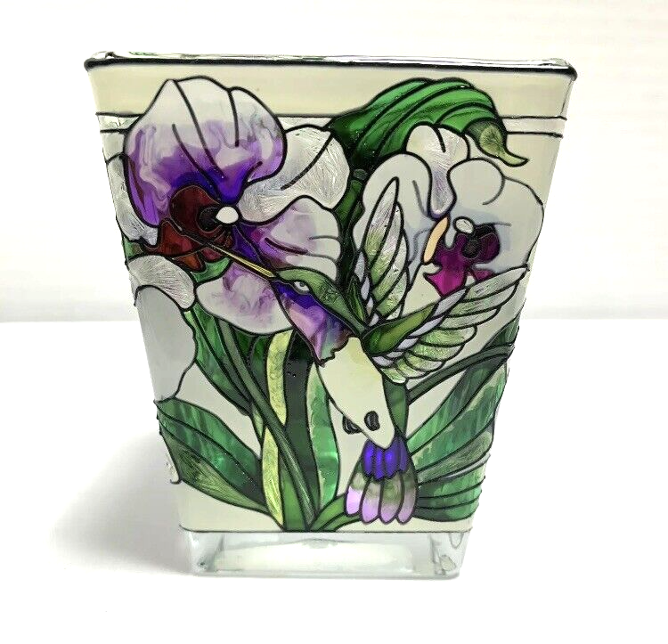 Handpainted AMIA Stained Glass Styled Hummingbird Floral Candle Votive