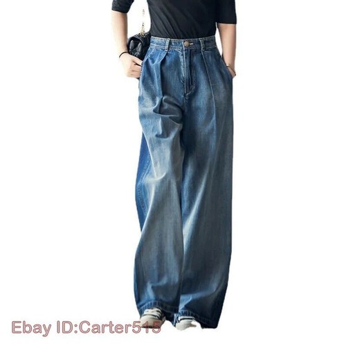 Women Wide Leg Denim Pants Trousers Loose Baggy Faded Jeans Bottoms Casual - Picture 5 of 10