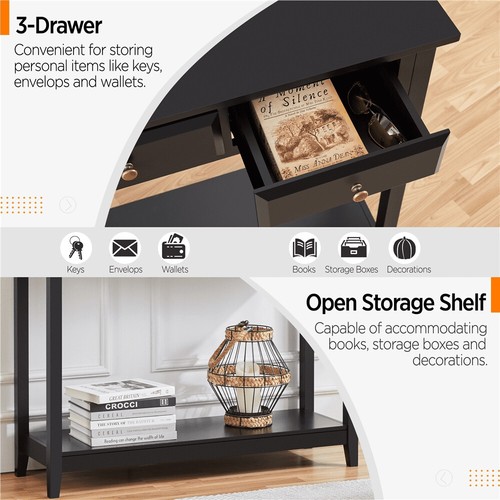 3-Drawer Wooden Console Table with Storage Shelf for Entryway Living Room Black - Picture 7 of 8