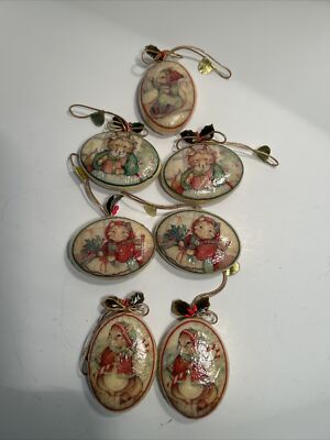 1990 Daikin Decoupage  Oval Vintage Christmas Ornaments  Lot Of 7