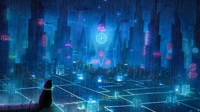 Anime cat sci fi city building Playmat Gaming Mat