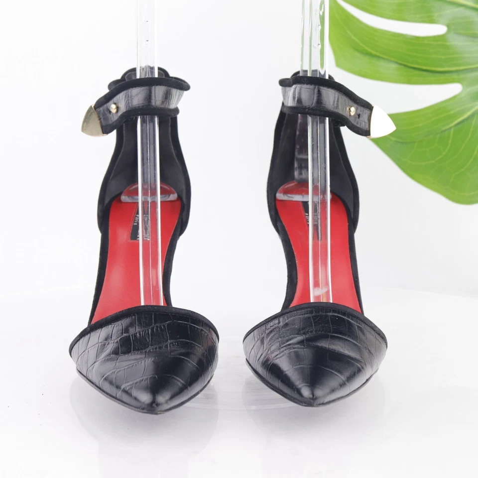 Zapatos de salón Charles Jourdan Paris Raven para mujer talla 10 correa en punta negra cocodrilo Foto 3 de 4