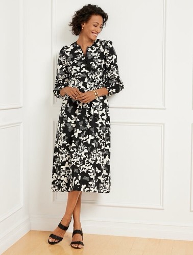 Talbots Womens Shirtdress Sz 4 Petite Black White Polka Dot Butterflies Midi - Picture 2 of 12