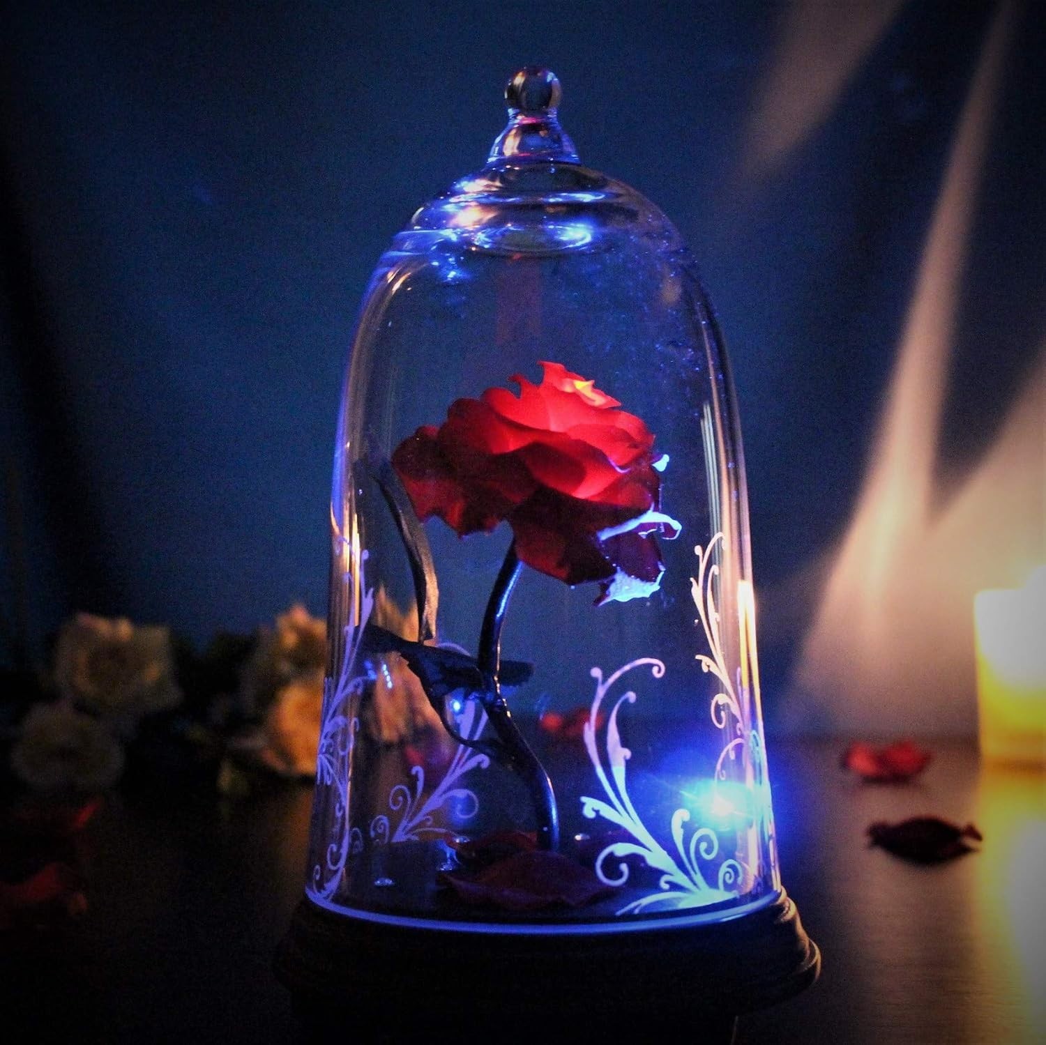 Beauty and the Beast Rose Preserved Flower Glass Dome Magical Red Rose LED