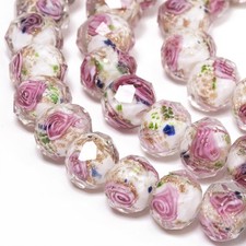 50pcs 8 10mm Rose Lampwork Bead with Blue Spots, Handmade Faceted Pink Murano...