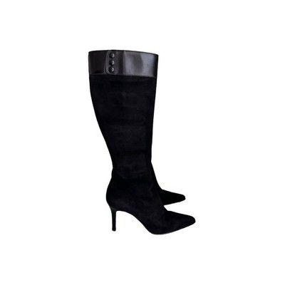 VTG Ralph Lauren Womens Knee High Black Leather Suede Stiletto Boots Heel 8 B