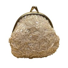 Gold Frame Embellished  White Beaded Sequined Kiss Lock Closure Coin Purse
