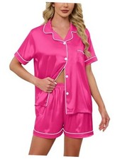 Pajamas Set, 2 Pieces Satin Silk Button Down Pjs Short Small Women Hot Pink