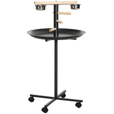 Bird Play Stand with Wheels, Parrot Perch Stand with Stainless Bowls, Grey