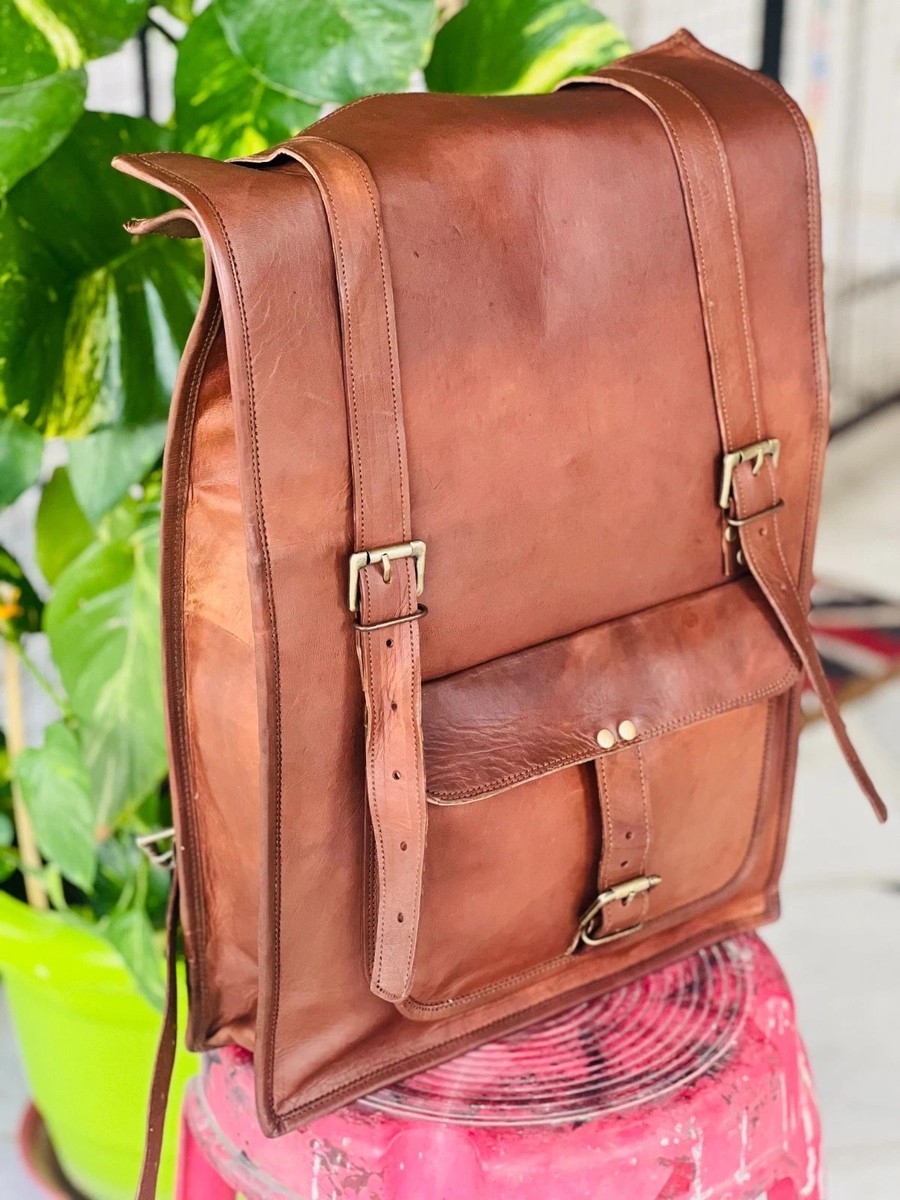 Goat Leather Backpack Bag Laptop Rucksack Vintage Brown Men's