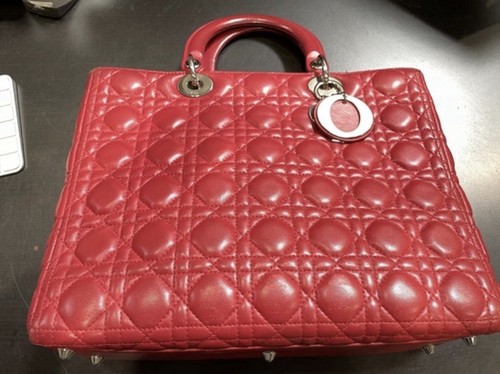 AUTHENTIC Dior Red Lady Dior Large QuiltedLeather Top-Handle Bag