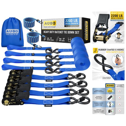 Ratchet Straps 4 Pack - 2,200 Lbs Break Strength 1 In X 15 Ft Medium Duty Blue