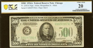 nice looking $500 Series 1934A Federal Reserve Note in PCGS Very Fine 20 slab