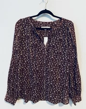 LOFT Top Womens Large Burgundy Metallic Ditzy Floral Tie Neck Peasant Boho