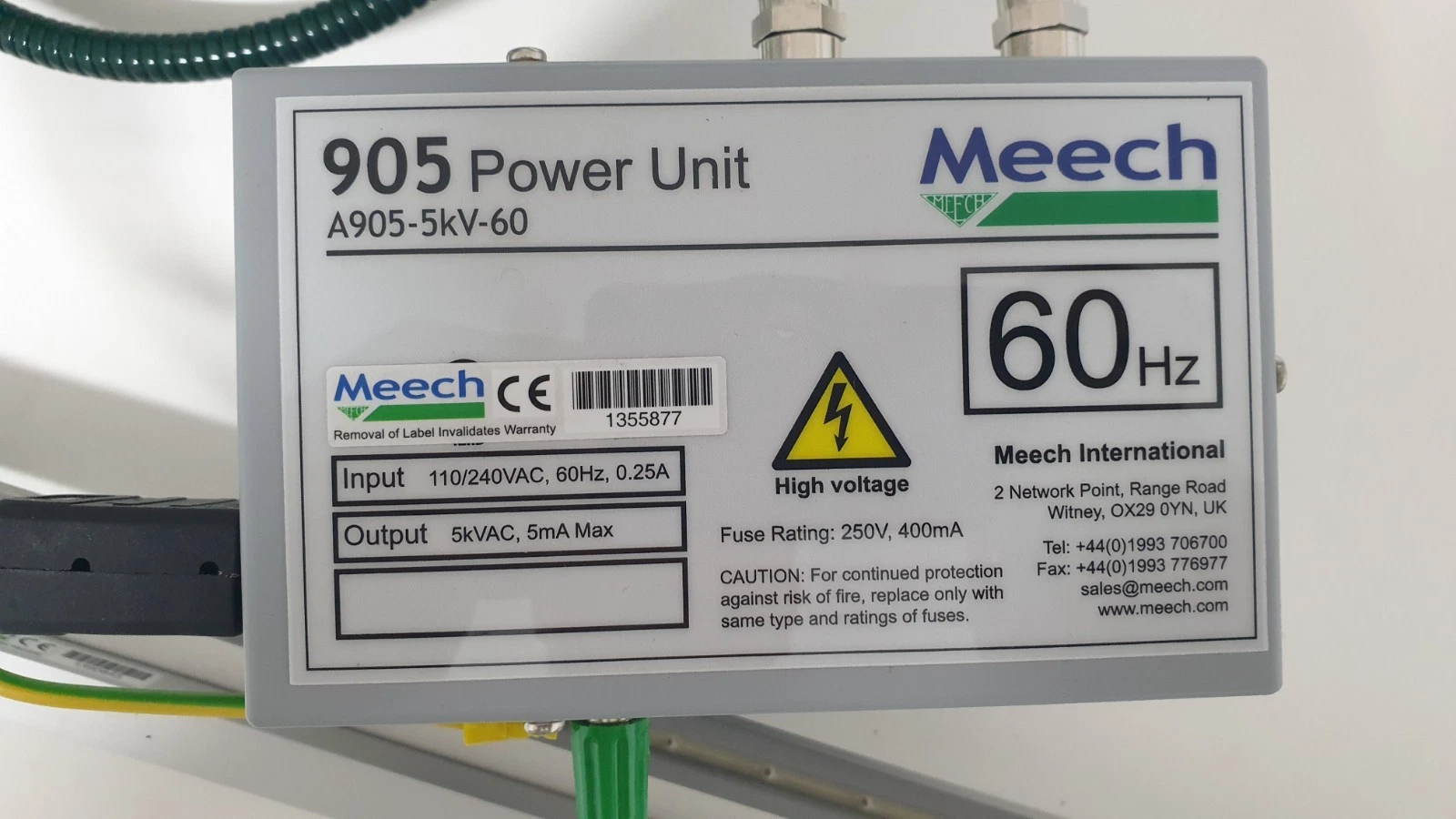 Meech 905 Power Unit rating plate: A905-5kV-60, 110/240VAC 60Hz 0.25A in, 5kVAC 5mA out