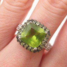 925 Sterling Silver Real Cushion Round-Cut Peridot White Topaz Ring Size 7.25