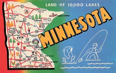 Minnesota State Map Baudette Wadena Cloquet Ely Pine City Vtg Postcard I53