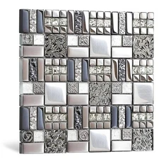 Metallic Glass Mosaic Tiles Silver Gray 100% Glass Tile Water Resistant for K...