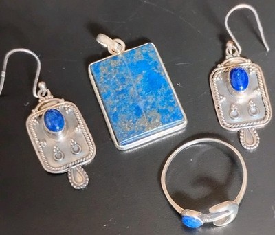 Lapis Lazuli Rectangle Pendant Rectangular Braided Earrings  Size 8 Ring11.18gm