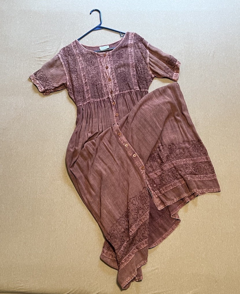French Gear Brown 100% Rayon Lace Button Embroidered A-Line Long Dress - S