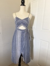 Express Dress Linen Cotton Blend Midi Women’s 6 Blue White Striped Cutout Wrap