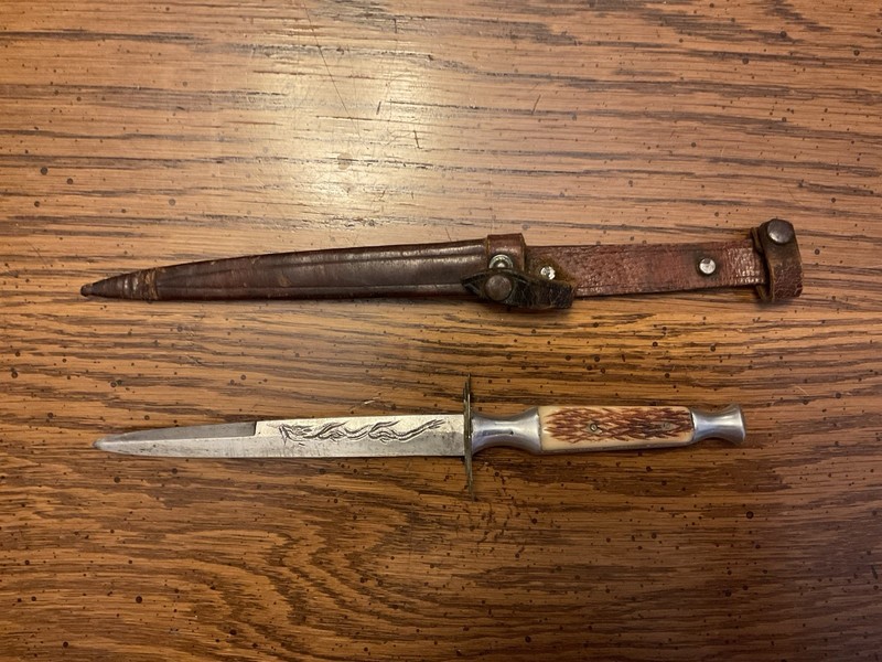 Double-Edge Steel Dagger Knife, Wood Handle, Full Tang, Sheath