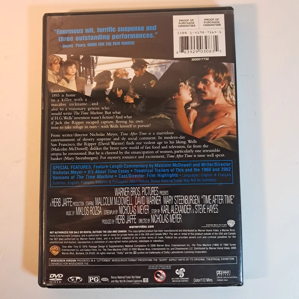 TIME AFTER TIME 1979 DVD WARNER BROS PRINT MALCOLM MCDOWELL MARY STEENBURGEN VTG - Image 2 of 4