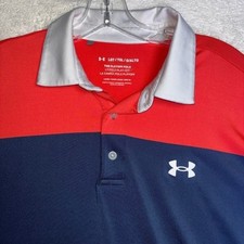 Under Armour Mens Playoff Polo Shirt Red Navy Blue Striped Large 1327037 SS 2022