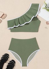Women's One Shoulder Bikini Color Block Trim Ruffle Hem Swimsuits Elegant Sz S