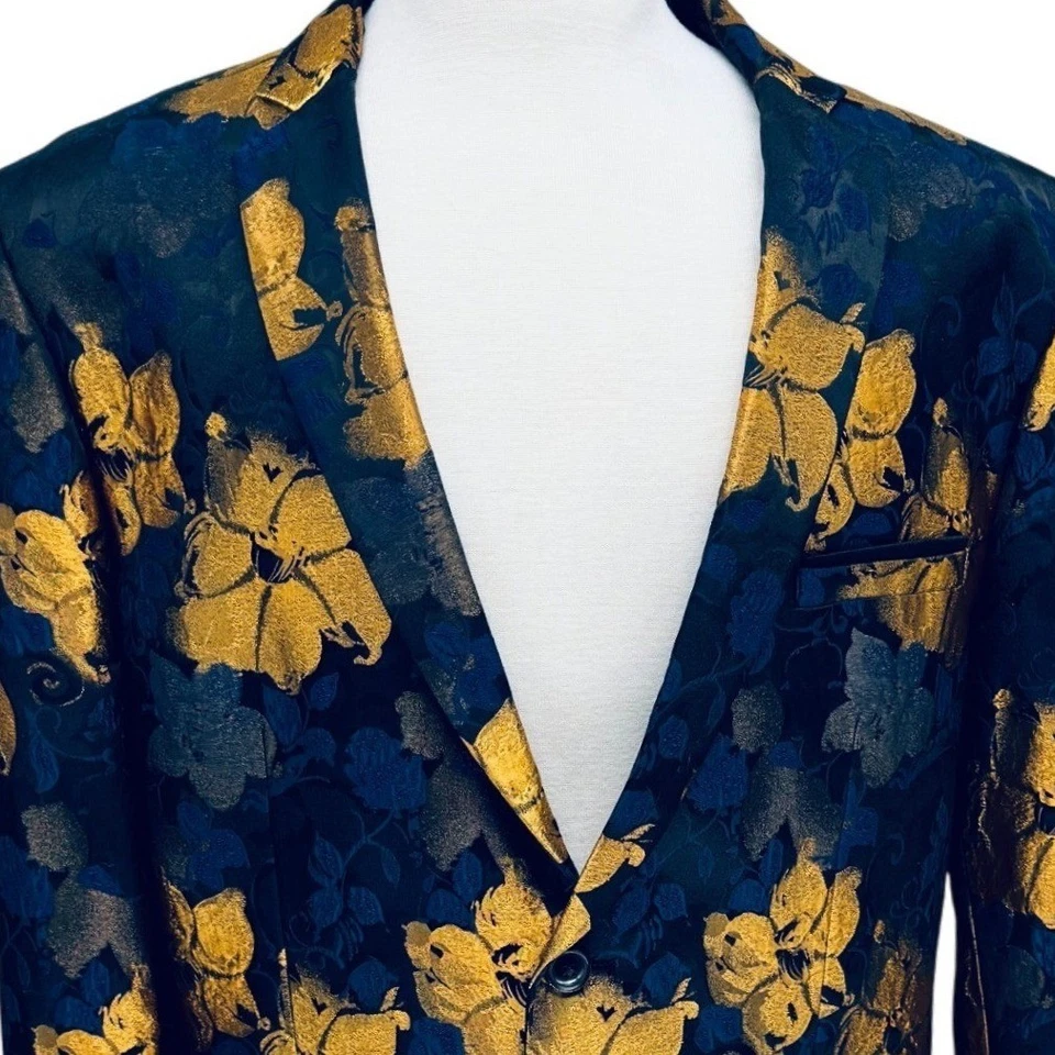 Blazer INC Para Hombres XL Calce Ajustado Floral Jacquard Pintura al Óleo Azul Marino Dorado Lámina Metálica Foto 3 de 4