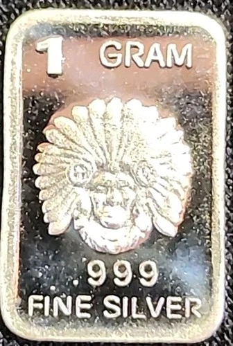 1 Gram .999 Fine Silver Art Bar Ingot. Indian Head.