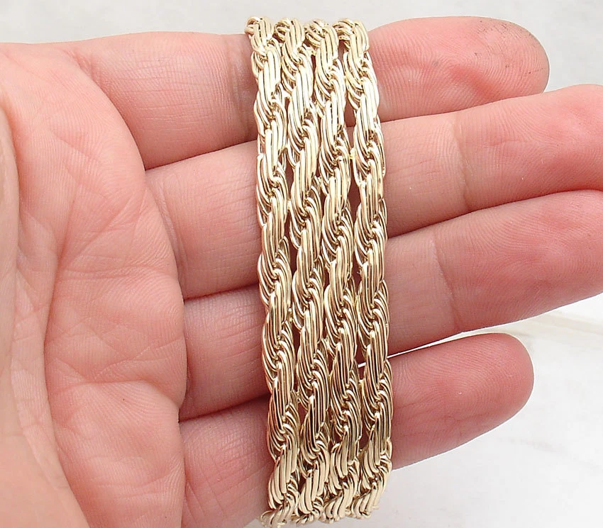  Brazalete Technibond Brillante Cuatro Filas Cuerda Plana Eslabón Chapado en Oro Amarillo 14K Plata Foto 3 de 4