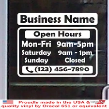 Custom BUSINESS Vinyl Window Decal  Store Shop Name OPEN HOURS Sign Door BS026