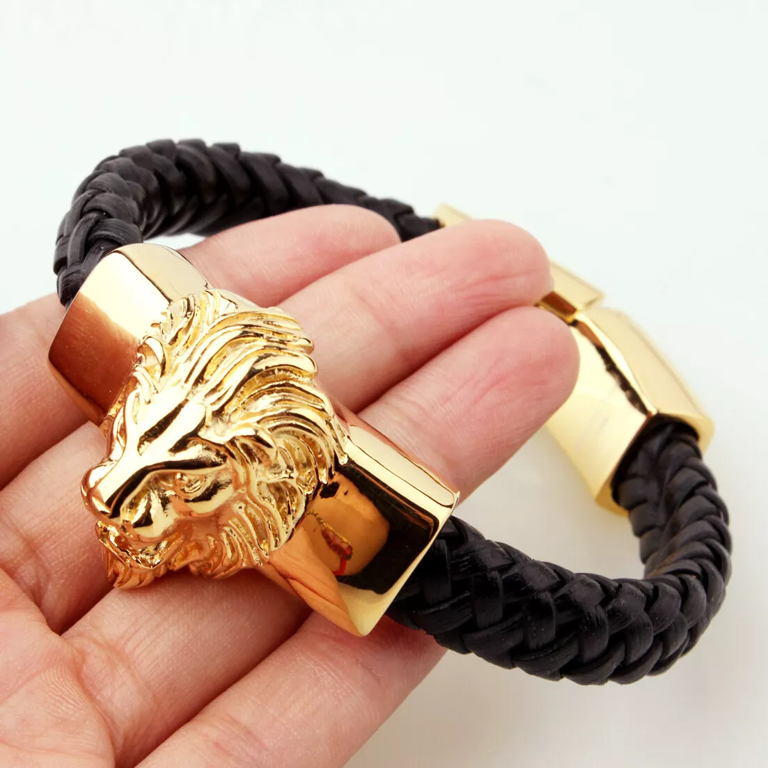 Heavy Gold Bracelet Mens Charm Stainless Steel Lion Head Hand