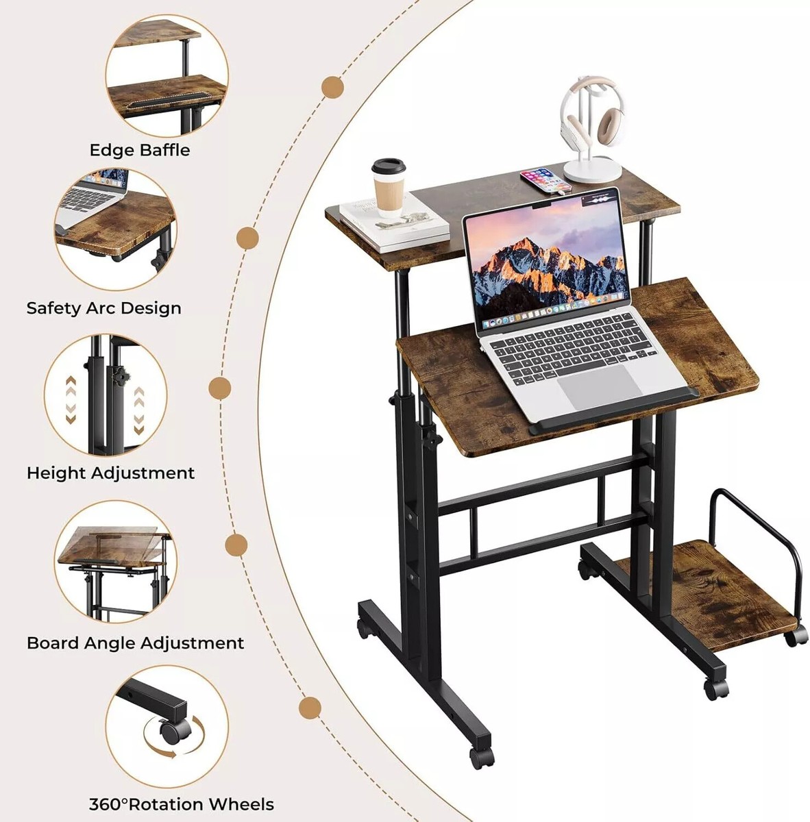 Rolling Laptop Computer Desk Parts Mount It! Height Adjustable Rolling