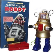 Gold Piston Action Robot Robby the Robot Tin Battery Operated NEW!