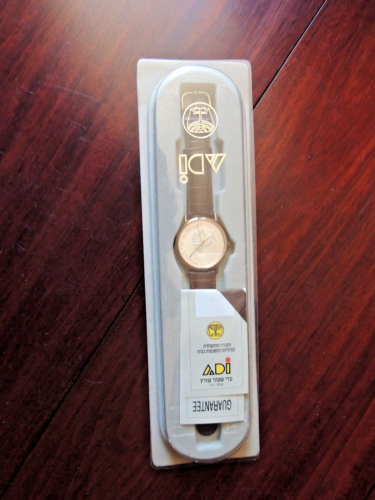 Vintage NOS Adi Israel Pure Silver Face Gold Plated Leather Strap Watch Hebrew