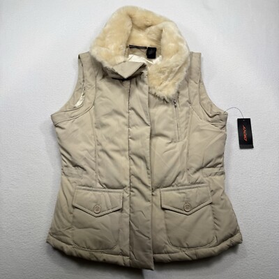 DKNY Active Faux Fur Collar Sleeveless Tan Vest Womens Size M New With Tags