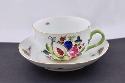 VTG HEREND HUNGARY FRUITS AND FLOWERS FLAT CUP AND SAUCER HAND