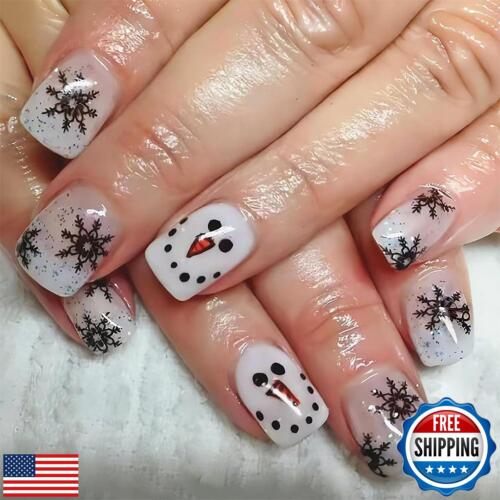 24pcs Christmas Press on Nails Short Square Black Snowflake Fake Nails with G