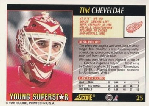 1991-92 Score Young Superstars Hockey 25 Tim Cheveldae - Picture 2 of 2