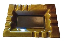 VINTAGE MCM CERAMIC OLIVE GREEN, BLACK GLAZED ASHTRAY 9" X 6.25" LANE & COMPANY