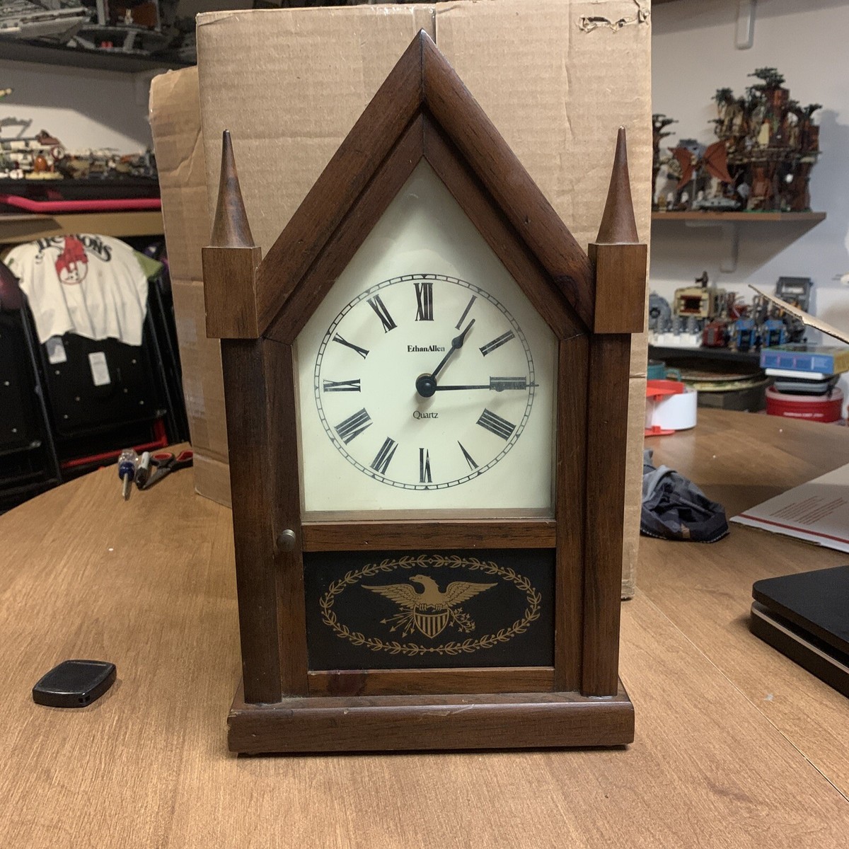 Vintage Ethan Allen Wooden Steeple Mantle Clock Eagle USA Battery