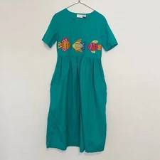 Go Softly Housedress Women's Size Small Blue Teal Embroidered Fish 100% Cotton