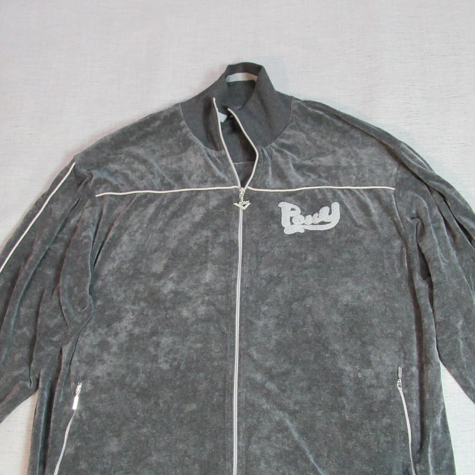 Giacca pony vintage uomo taglia XL grigio velluto full zip ricamata hip hop Y2K