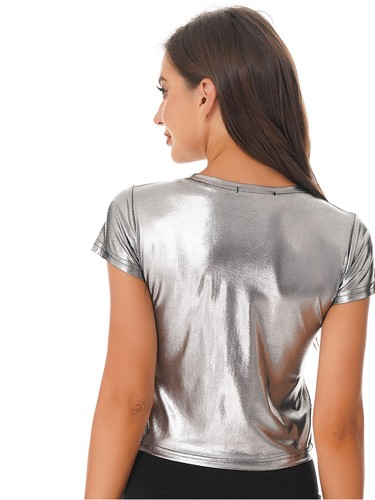 Damen Metallic Kurzarm Rundhals Bluse Tank Tops T-Shirt Party Wetlook Clubwear - Picture 28 of 43