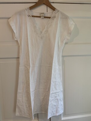 NEIMAN MARCUS White Cotton Damask Nightgown Dress Cotton Lace Sz Xs EUC